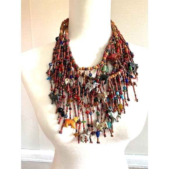 Multicolor Beaded Fetish Necklace Carved Stone Animals - Picture 1 of 6